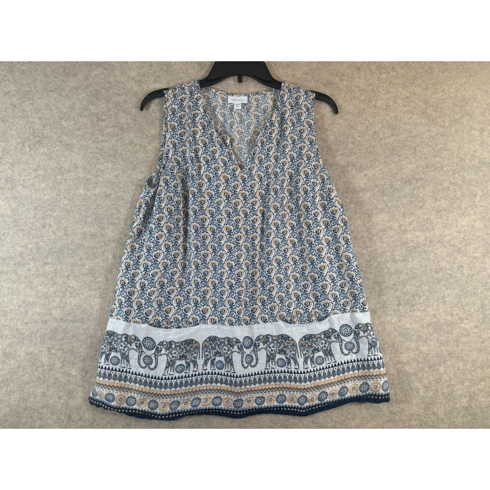 J. Jill Love Linen Elephant Border Print Sleeveless Top Blue Mustard MP Petite